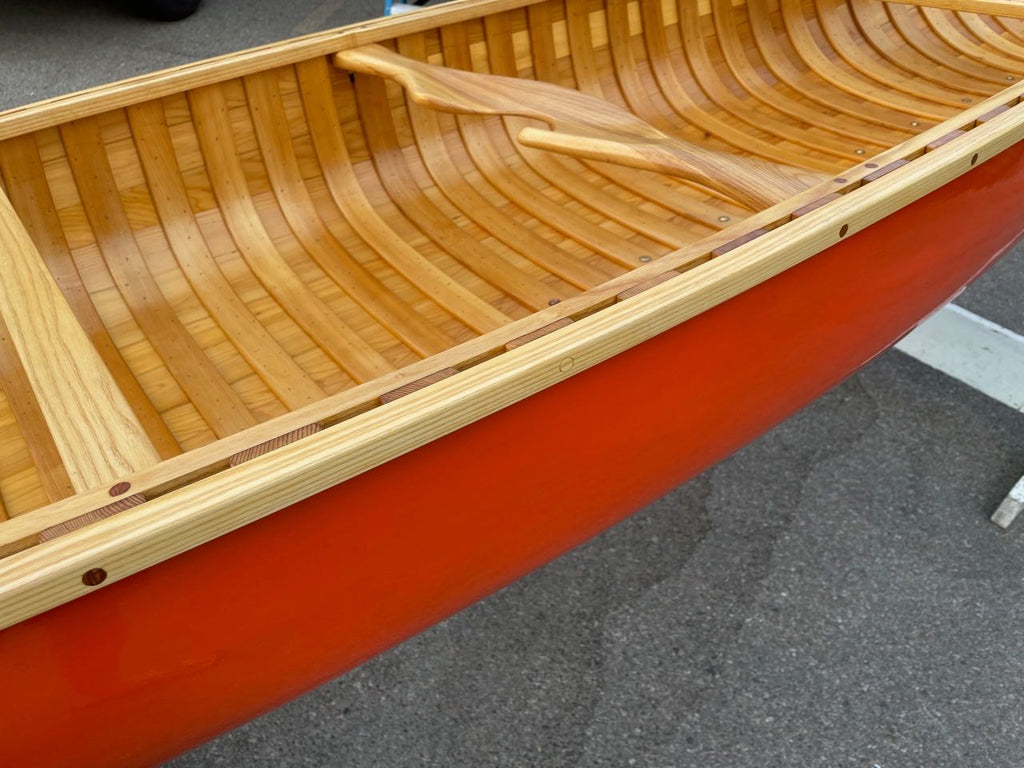 Custom Minto 15’7” Cedar-Canvas Canoe (Blue/Orange) at GLBW Shop