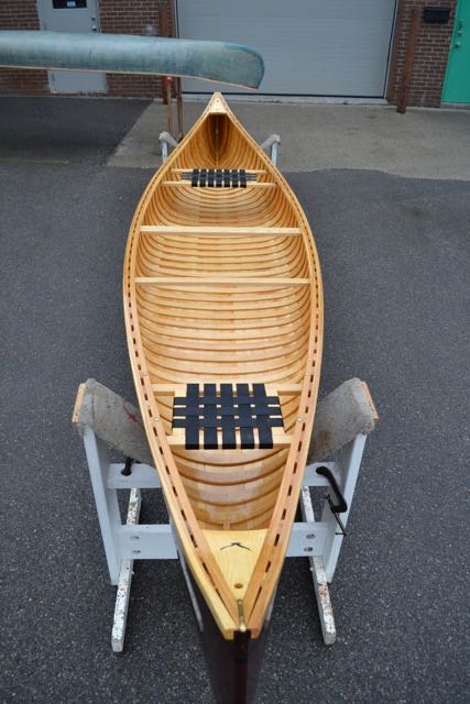 Custom Minto 15’7” Cedar-Canvas Canoe (Burgundy) at GLBW Shop